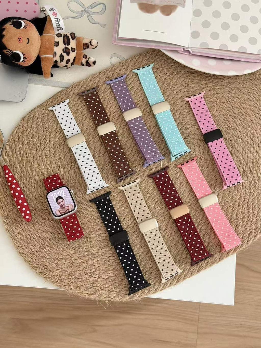 Polka Dot Nylon Watch Band for Apple Watch — Magnetic Clasp, Soft Stretchy Knit, Fits 38–49mm