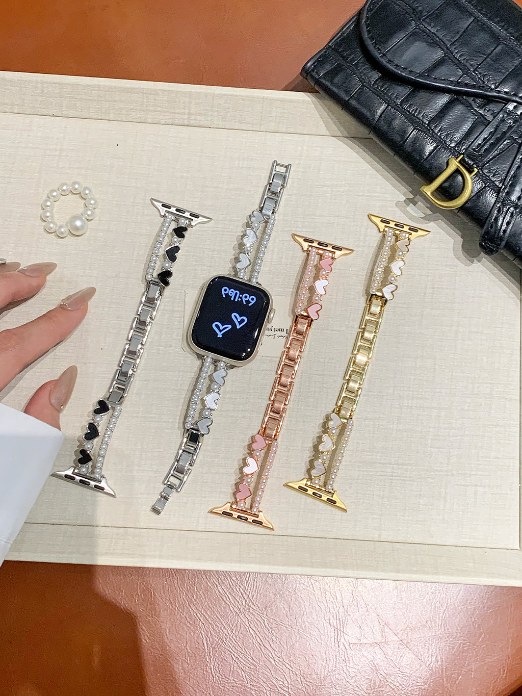 Heart Pearl Bracelet Band for Apple Watch — Faux Pearl Strands, Enamel Hearts, Fits 38–49mm