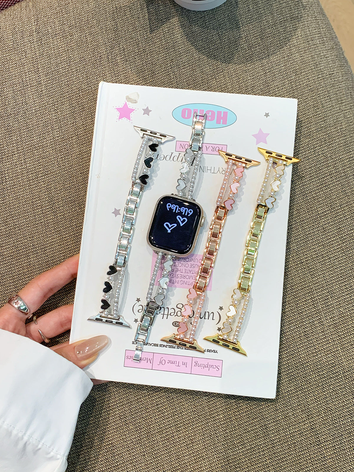 Heart Pearl Bracelet Band for Apple Watch — Faux Pearl Strands, Enamel Hearts, Fits 38–49mm