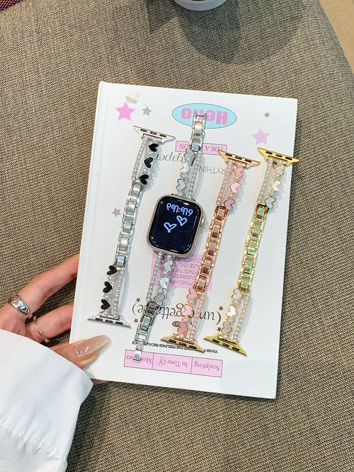 Heart Pearl Bracelet Band for Apple Watch — Faux Pearl Strands, Enamel Hearts, Fits 38–49mm
