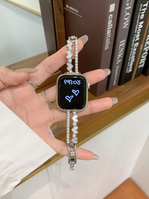 Heart Pearl Bracelet Band for Apple Watch — Faux Pearl Strands, Enamel Hearts, Fits 38–49mm