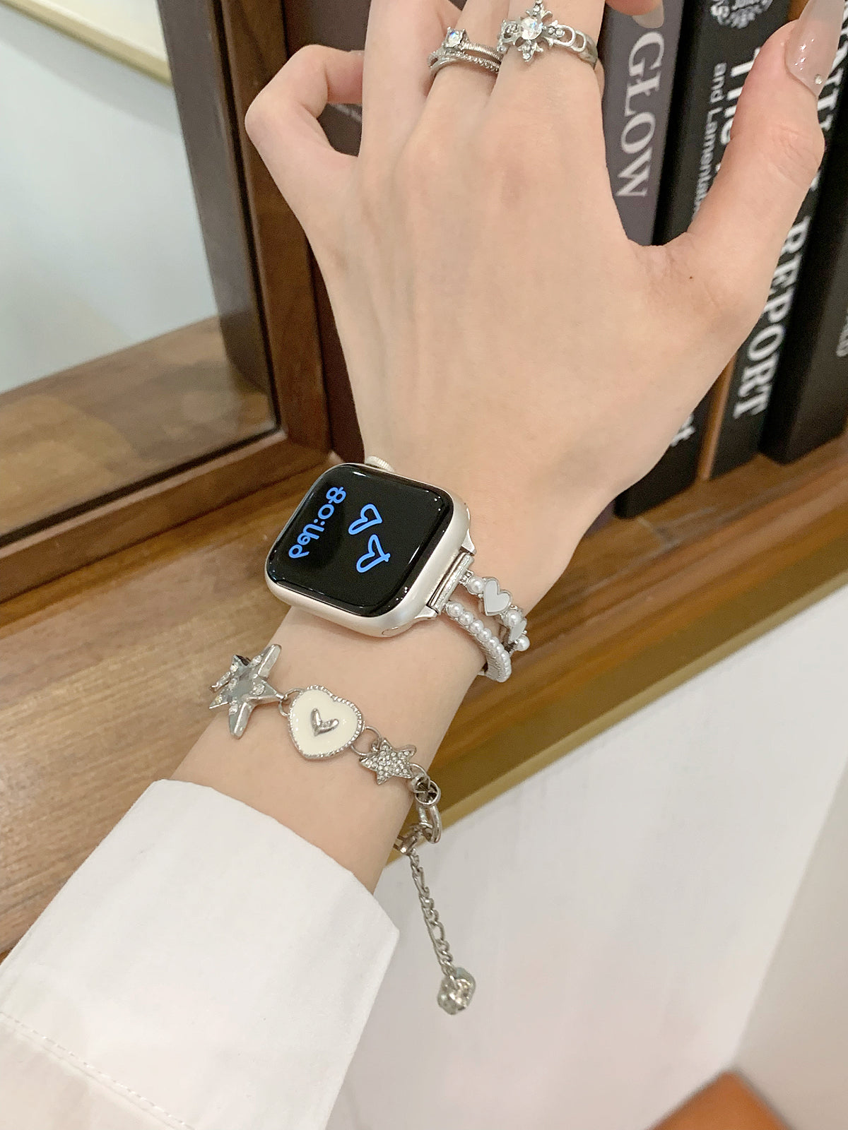 Heart Pearl Bracelet Band for Apple Watch — Faux Pearl Strands, Enamel Hearts, Fits 38–49mm
