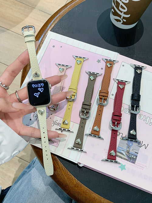 Heart-Studded Slim Leather Watch Band for Apple Watch — Soft Pebbled Leather, 7 Colors, Fits 38–49mm
