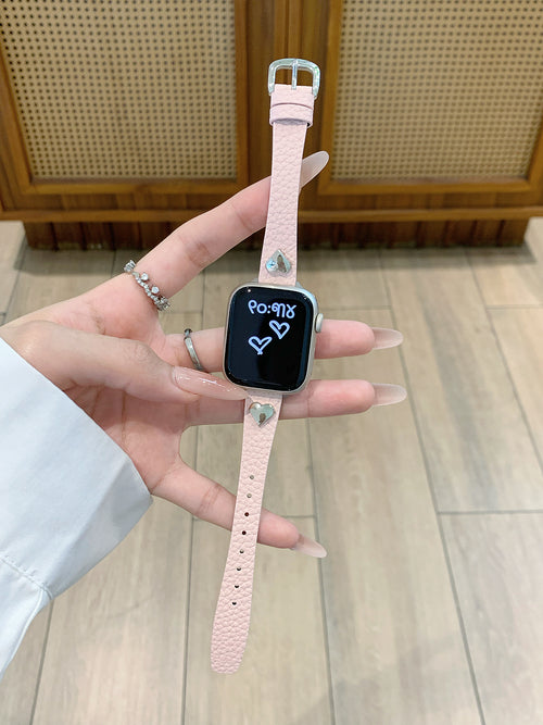 Heart-Studded Slim Leather Watch Band for Apple Watch — Soft Pebbled Leather, 7 Colors, Fits 38–49mm