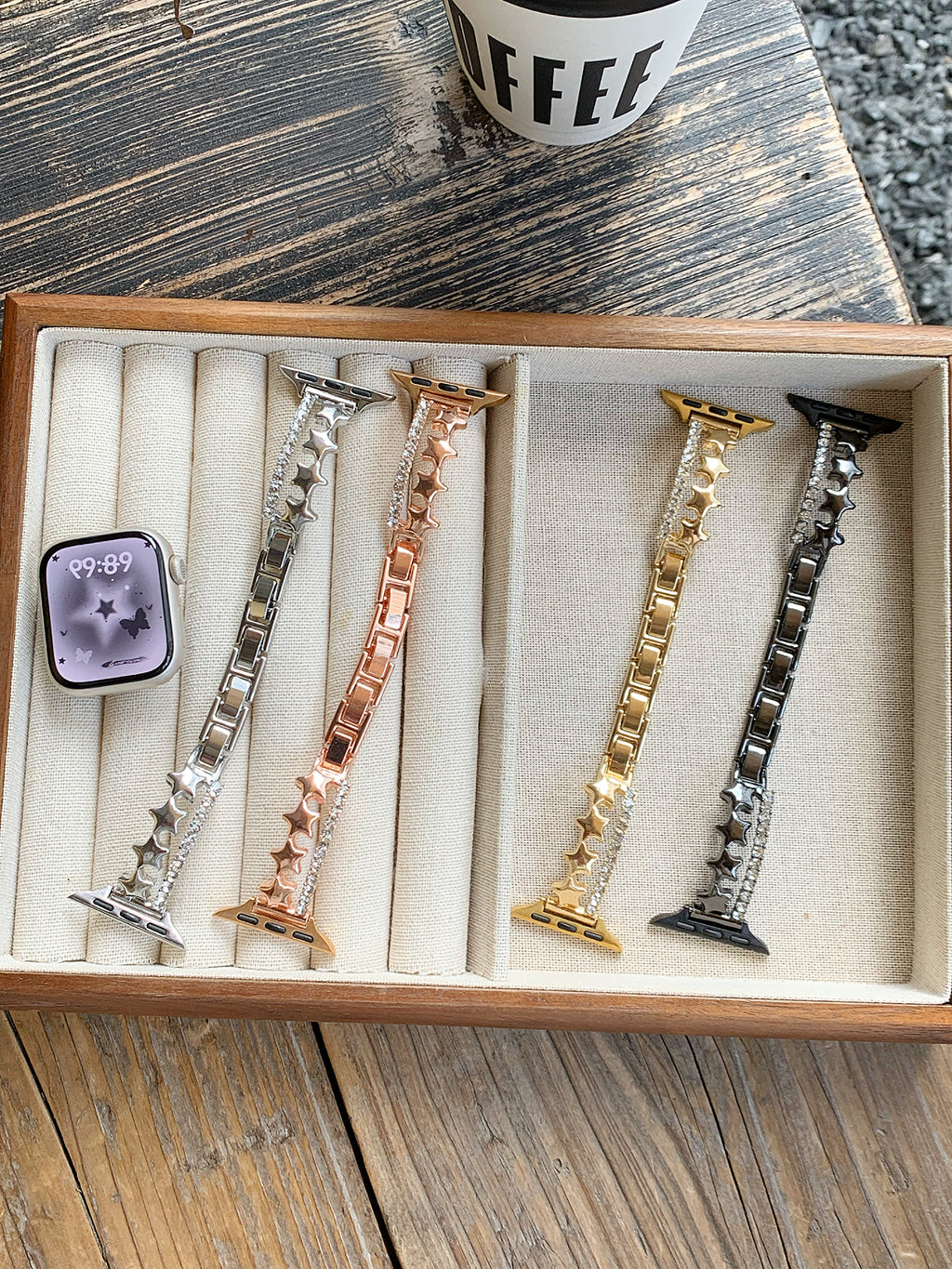 Star Rhinestone Metal Watch Band for Apple Watch — Bling Chain Bracelet Style, 4 Colors, Fits 38–49mm
