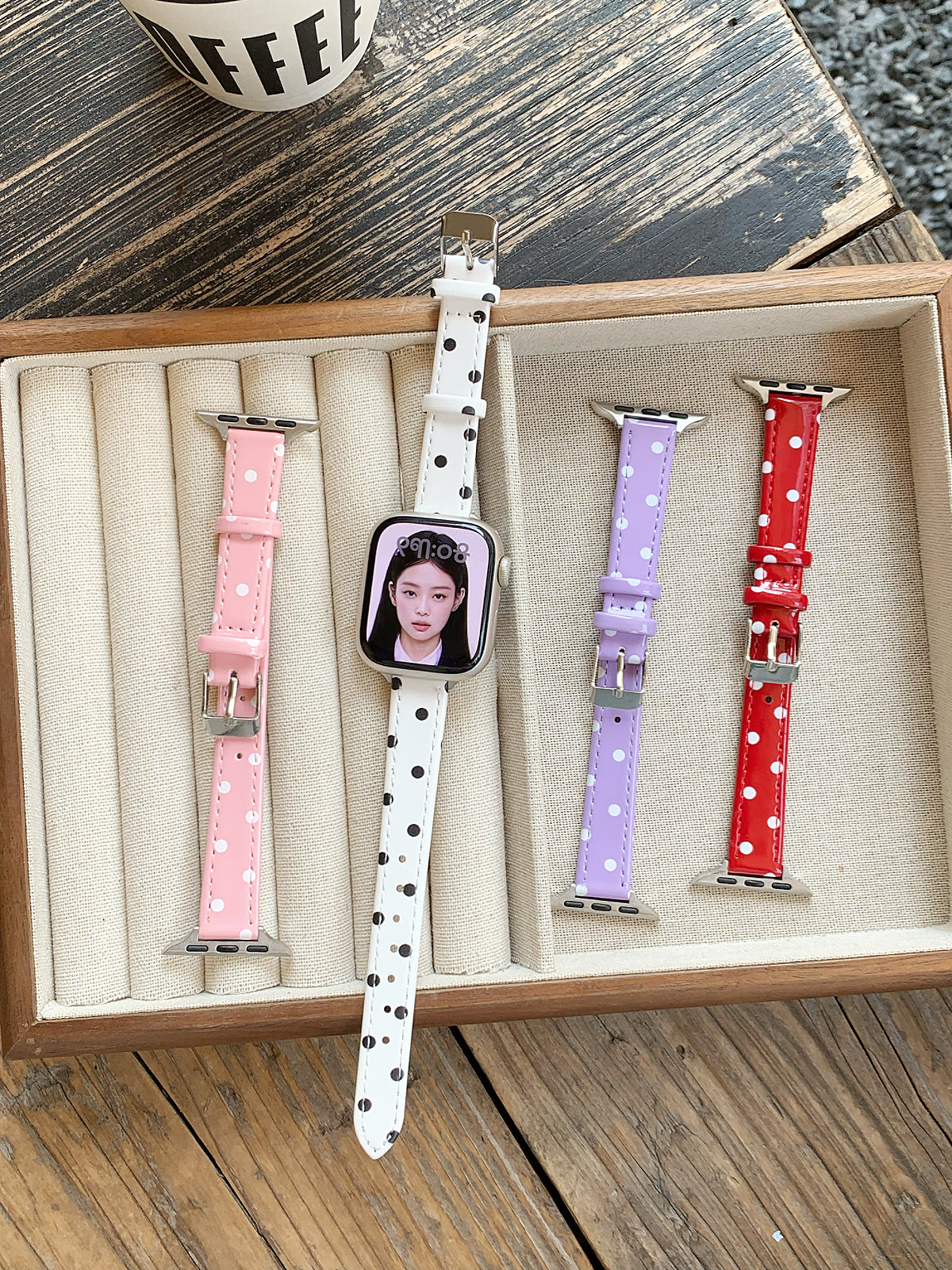 Bracelle Polka Dot Leather Band for Apple Watch — Slim Glossy Strap, 4 Colors, 38–49mm