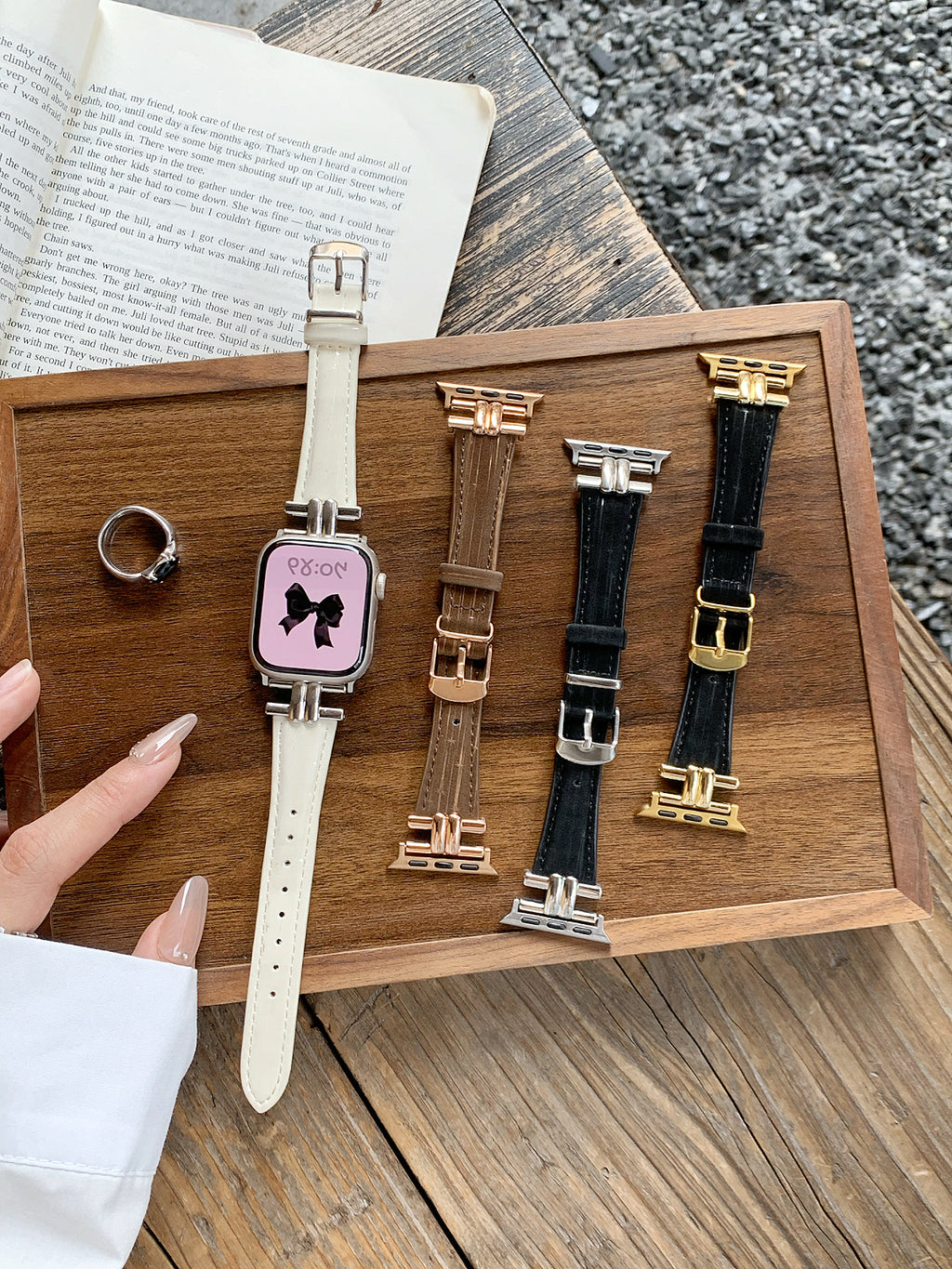 Bracelle Leather Band for Apple Watch with Polished Metal Lugs — Dress Watch Style, 4 Colors, 38–49mm