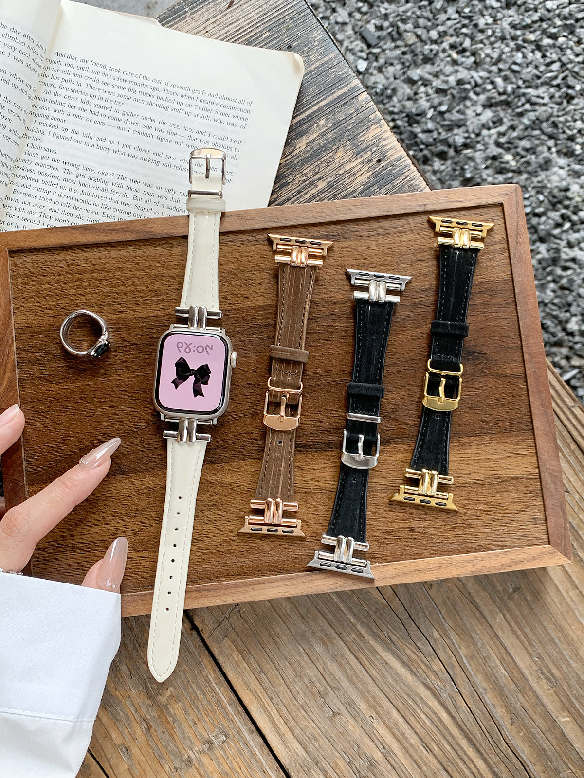 Bracelle Leather Band for Apple Watch with Polished Metal Lugs — Dress Watch Style, 4 Colors, 38–49mm
